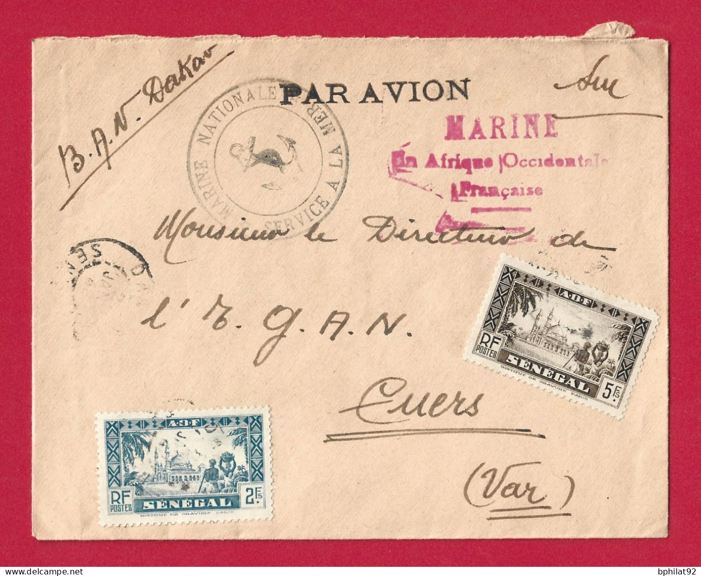 !!! LETTRE EN FRANCHISE PAR AVION DE LA BASE AÉRONAVALE DE DAKAR POUR LA FRANCE DE 1942, CACHET MARINE NATIONALE EN AOF - Brieven En Documenten