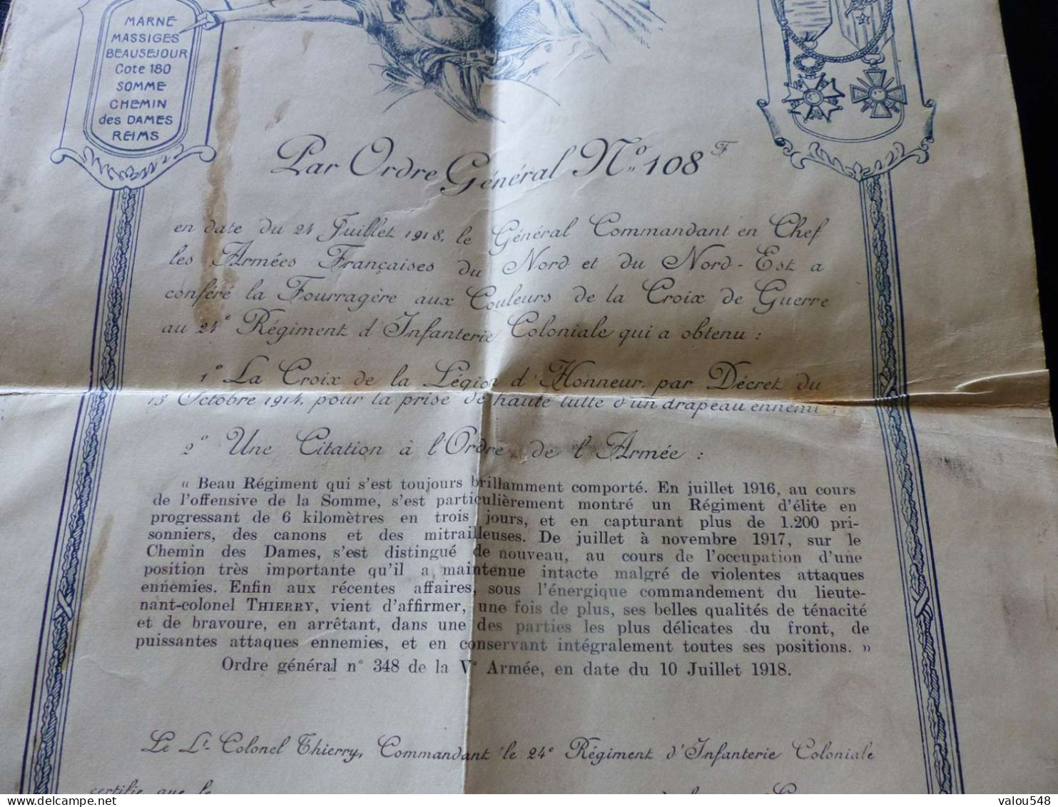 VP-79 , Militaria, 24e Régiment D'infanterie, Croix De Guerre Et Croix De La Légion D'honneur, 1918 - Documents