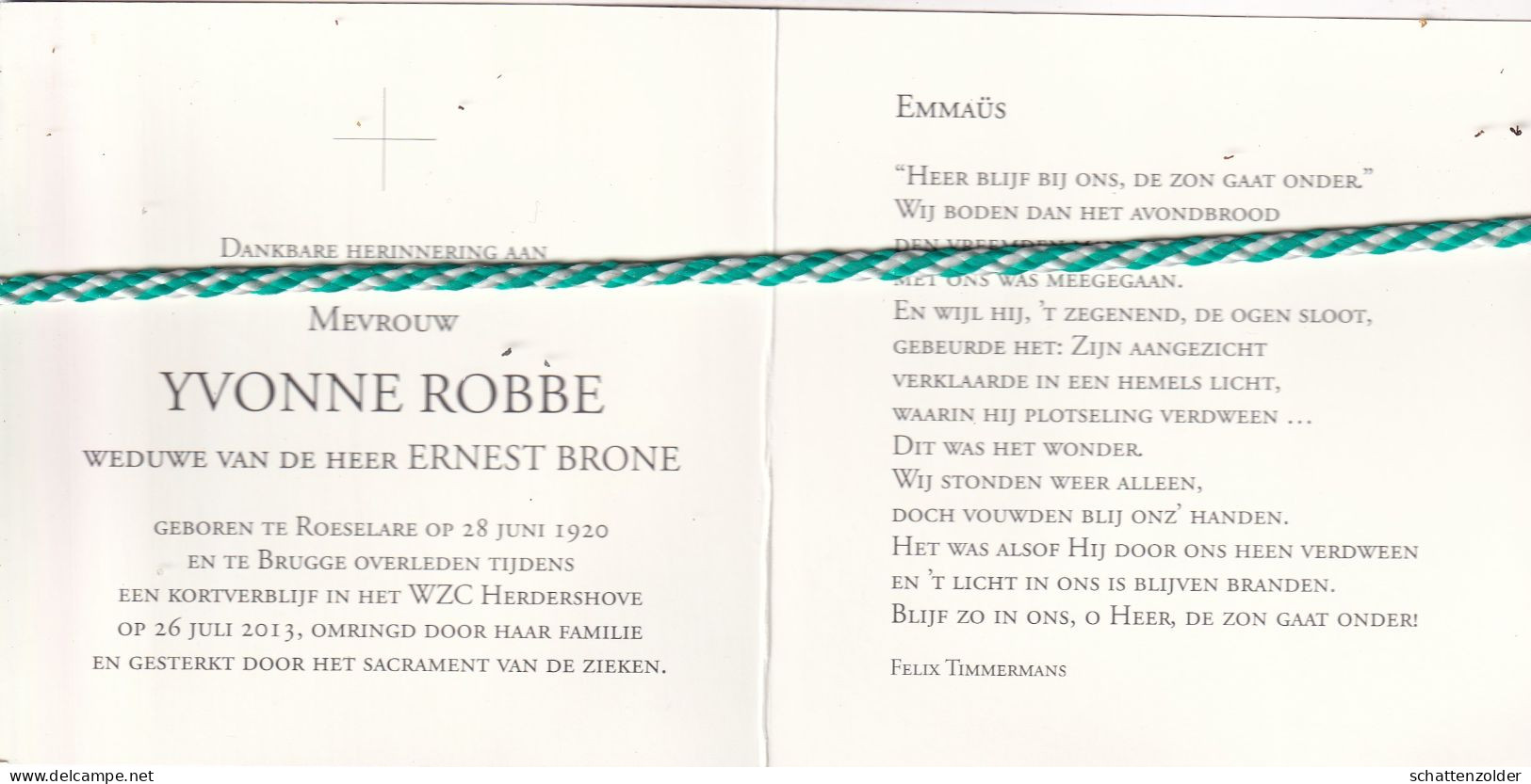 Yvonne Robbe-Brone, Roeselare 1920, Brugge 2013. Foto - Overlijden