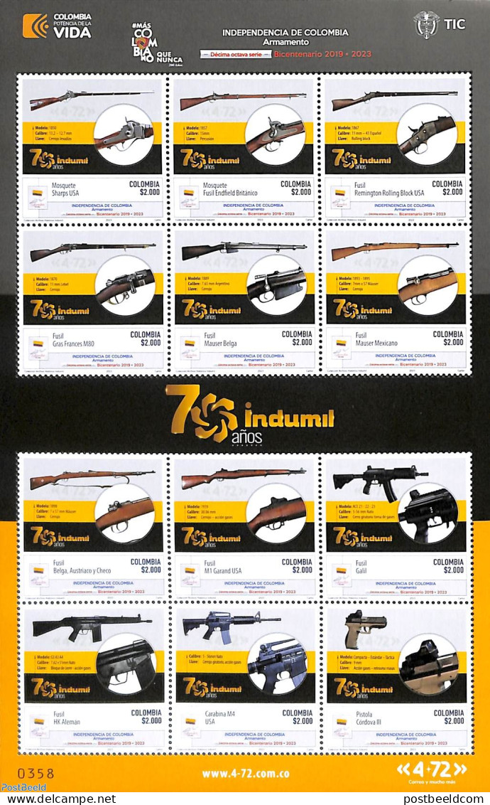 Colombia 2023 Guns & Rifles 12v M/s, Mint NH, Various - Weapons - Non Classificati