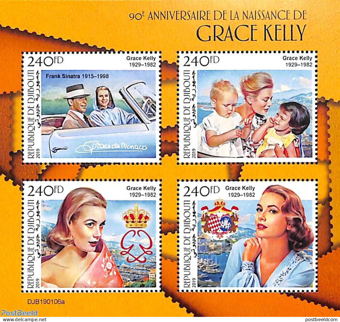 Djibouti 2019 Grace Kelly 4v M/s, Mint NH, History - Performance Art - Transport - Kings & Queens (Royalty) - Movie St.. - Familias Reales