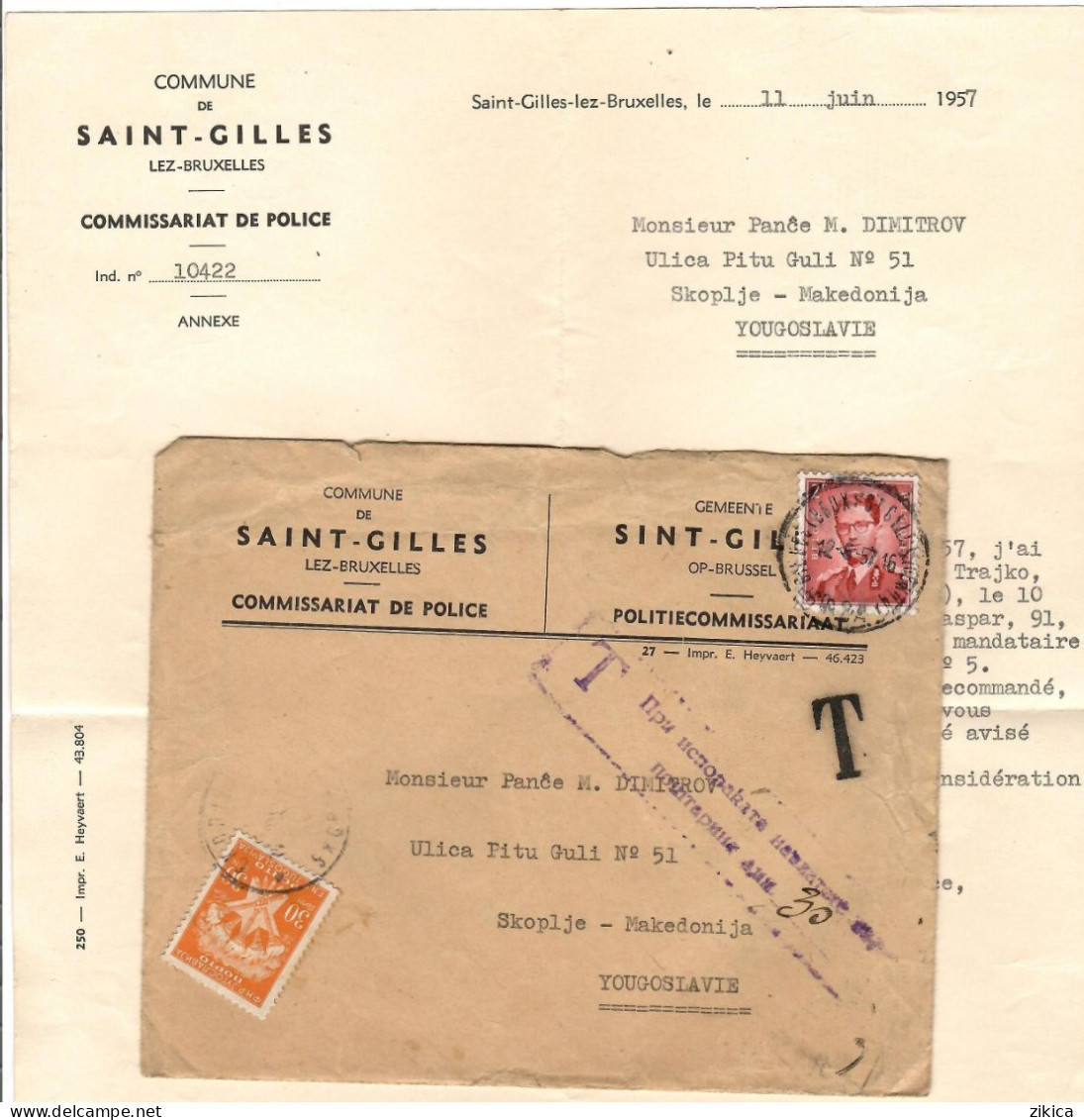 Belgium - Cover & Document 1957 - Commune De Saint-Gilles Lez Bruxelles , Commissariat De Police Via Yugoslavia,T Porto - Lettres & Documents