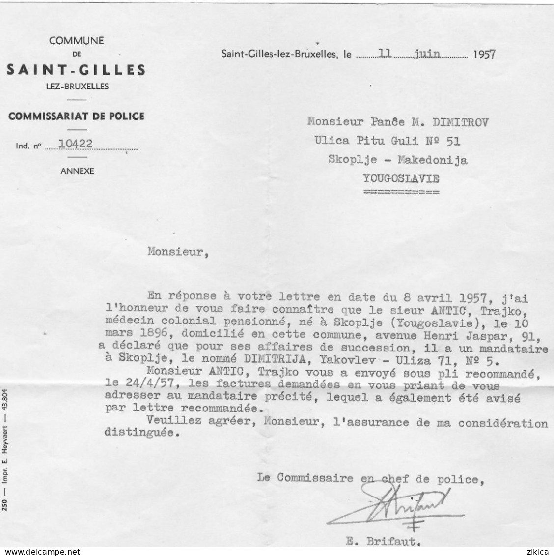 Belgium - Cover & Document 1957 - Commune De Saint-Gilles Lez Bruxelles , Commissariat De Police Via Yugoslavia,T Porto - Lettres & Documents