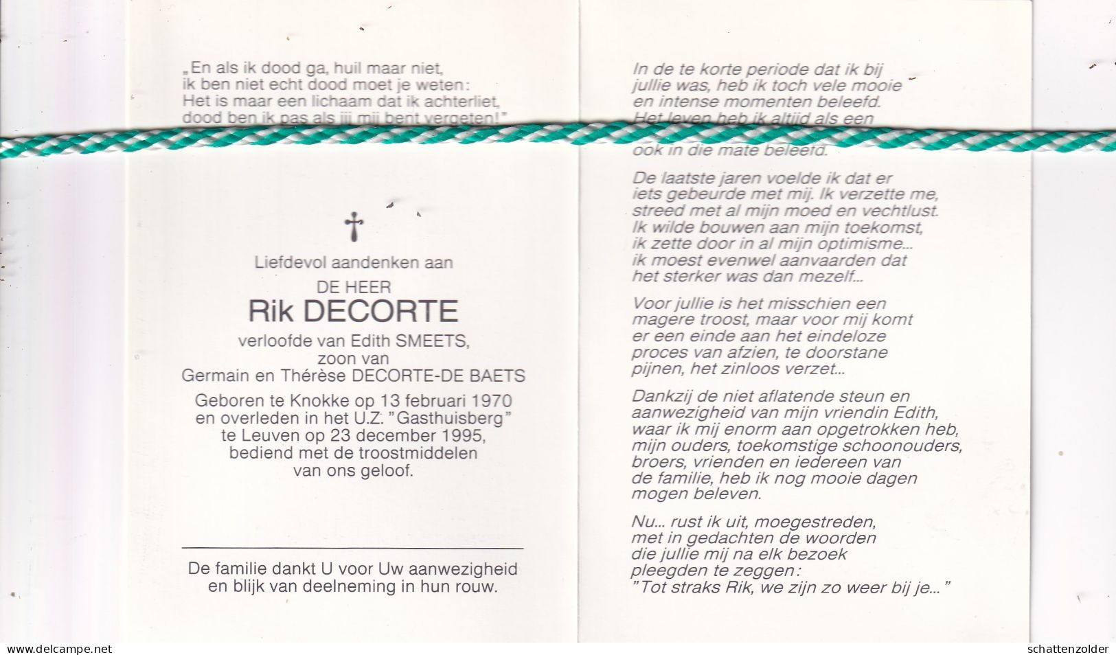 Rik Decorte-Smeets, Knokke 1970, Leuven 1995. Foto - Esquela