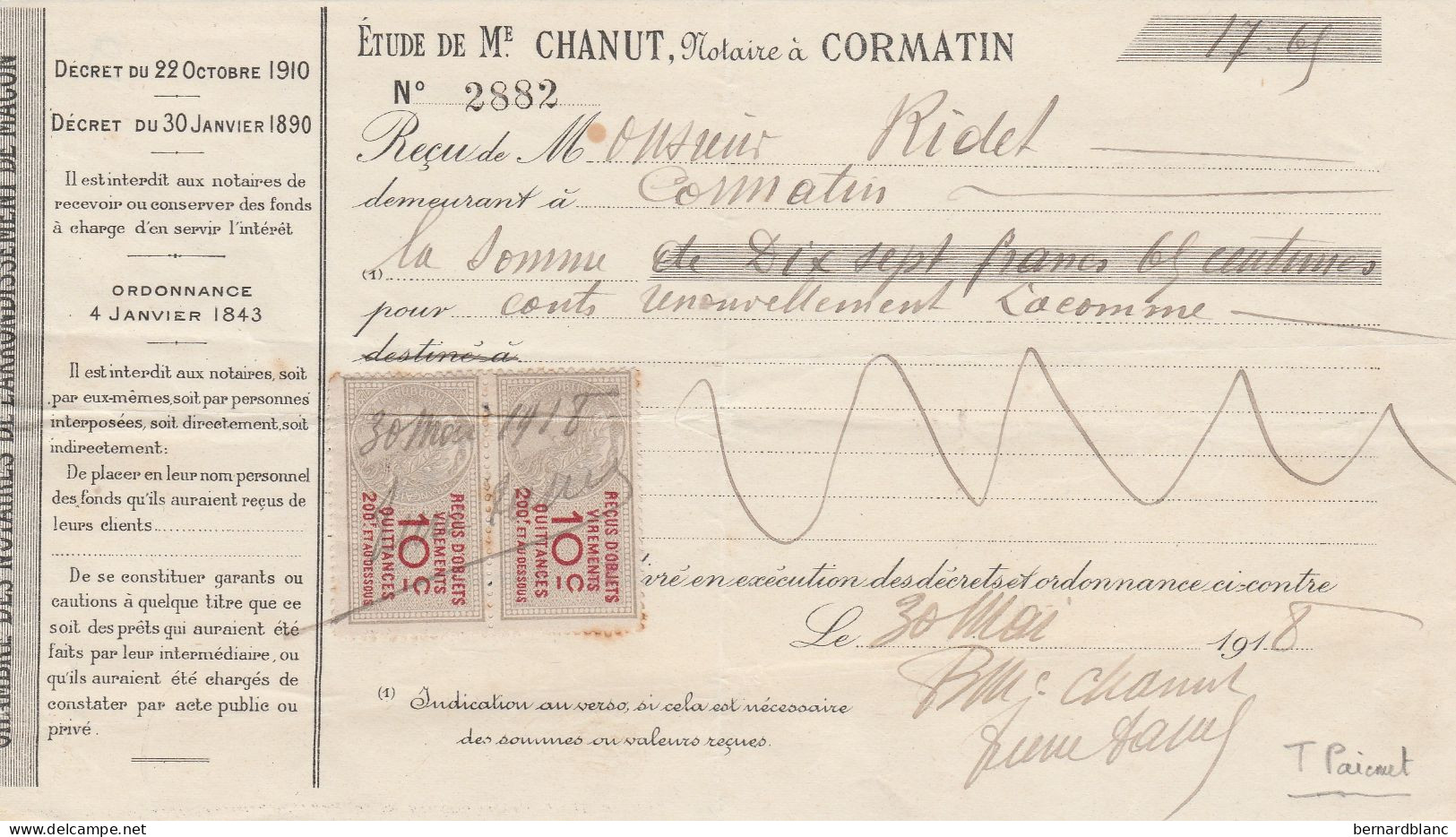 CORMATIN - SAONE ET LOIRE - NOTAIRE CHANUT  - RECU EN 1918 - Other & Unclassified