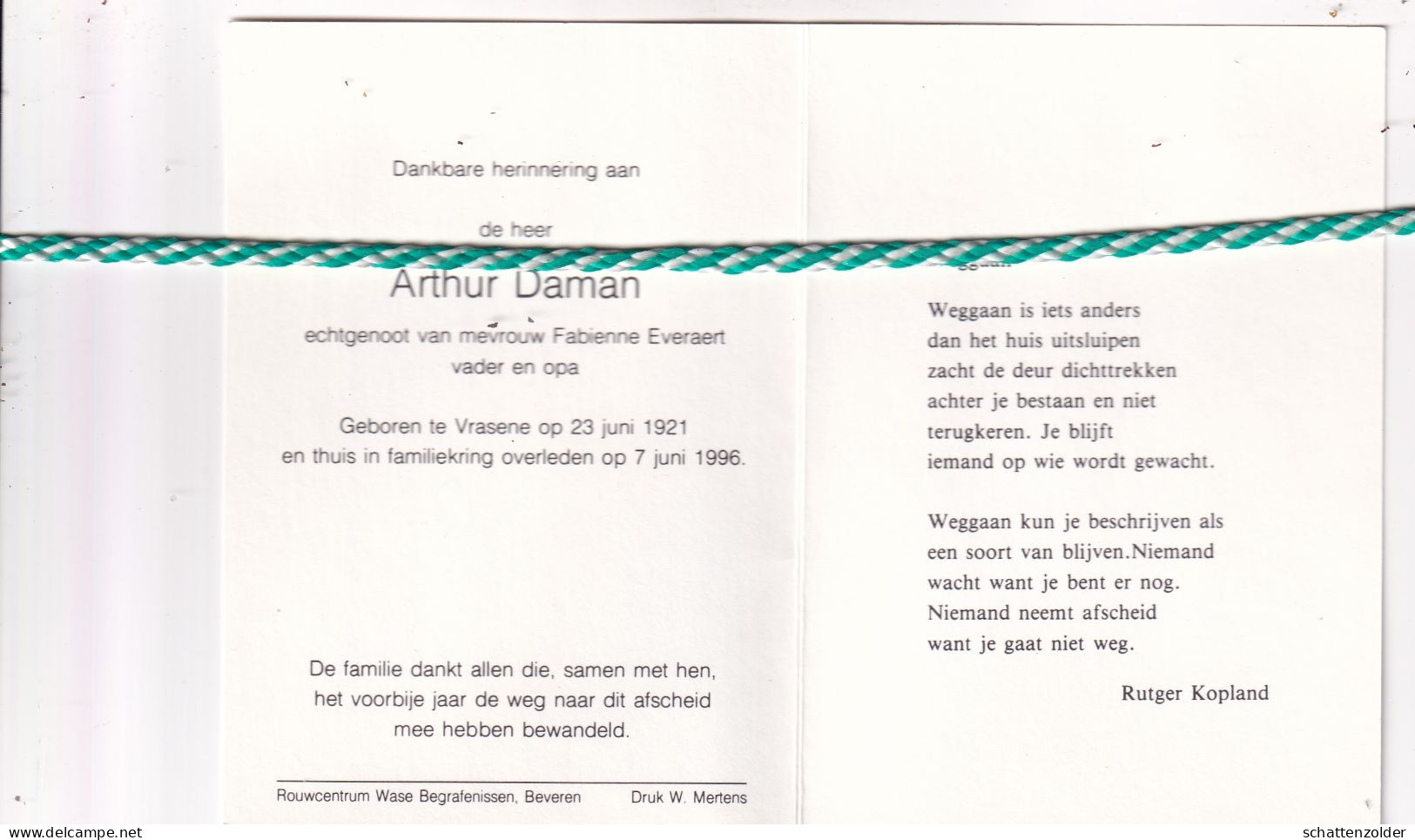 Arthur Daman-Everaert, Vrasene 1921, 1996. Foto - Overlijden