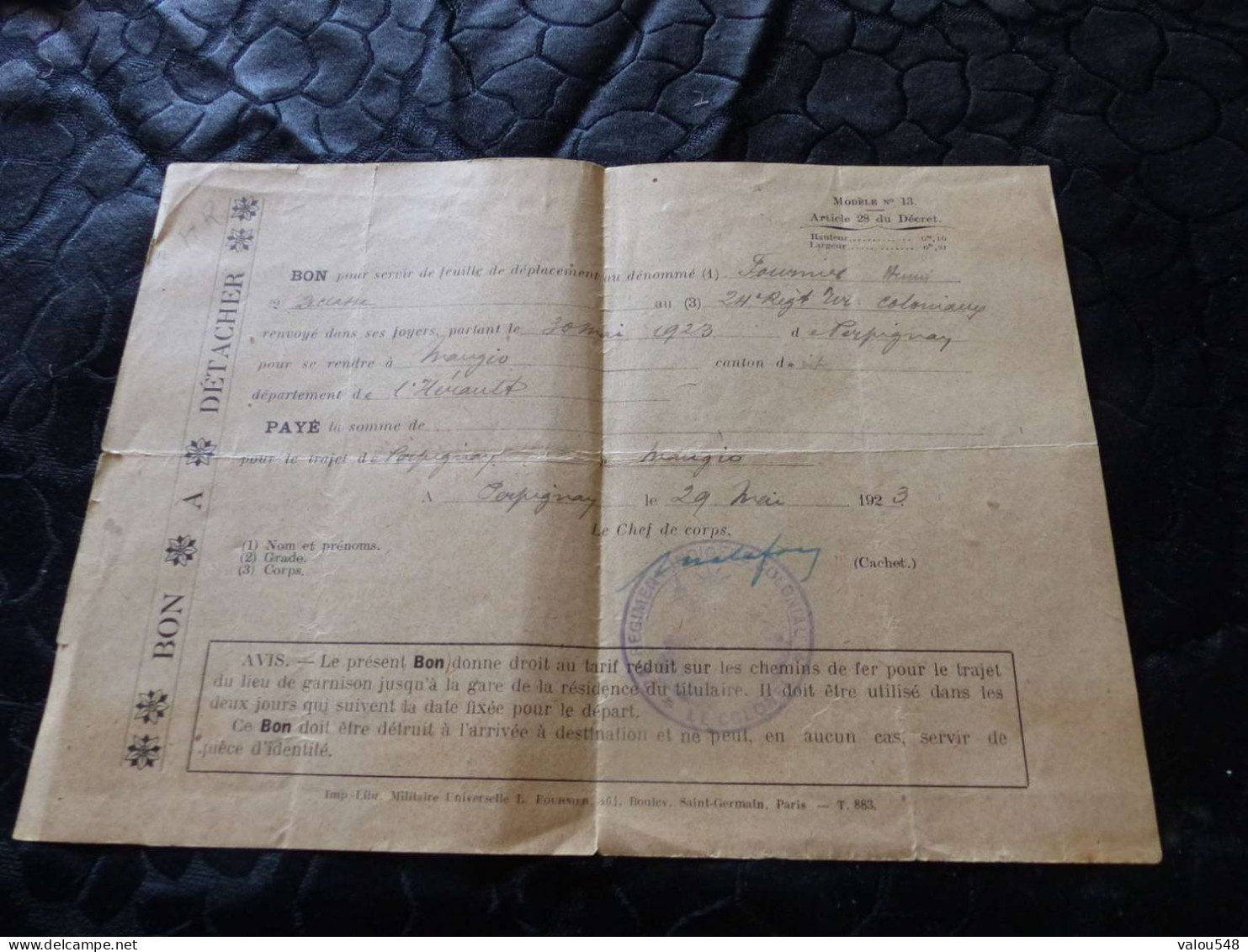 VP-81 , Militaria, Bon Pour Servir De Feuille De Déplacement Pour Se Rendre à Mauguio, 1923 - Documents