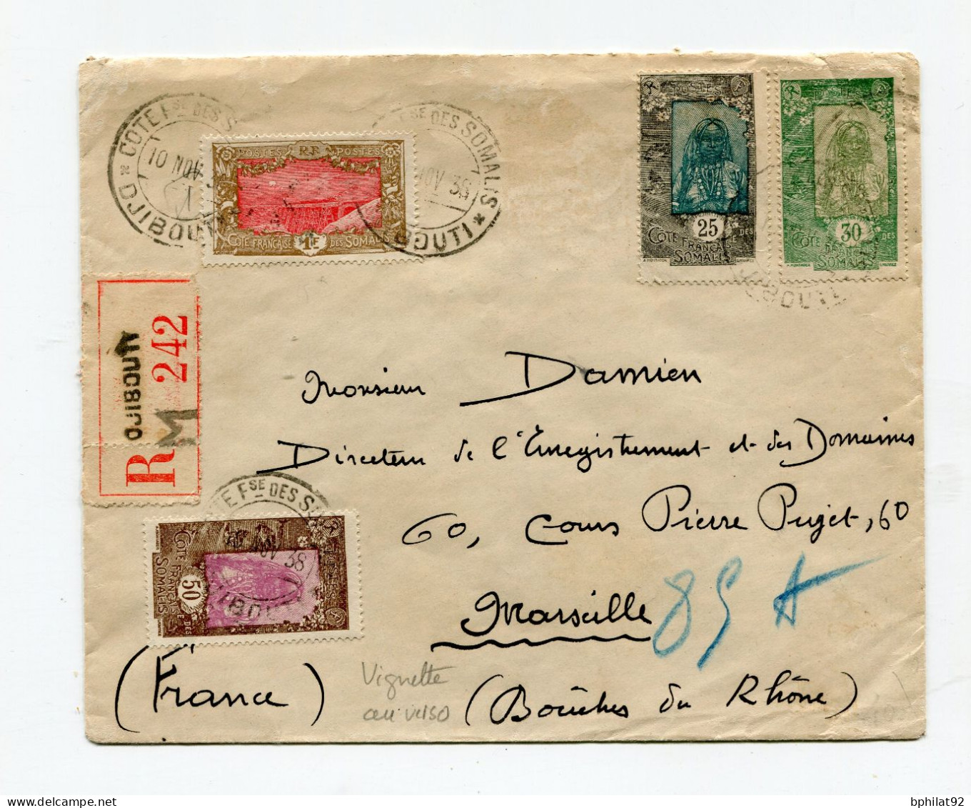 !!! COTE DES SOMALIS, LETTRE RECO DE DJIBOUTI POUR MARSEILLE DE 1939, VIGNETTE EXPO COLONIALE AU DOS - Covers & Documents