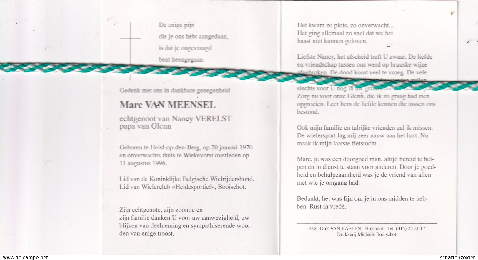 Marc Van Meensel-Verelst, Heist-op-den-Berg 1970, Wiekevorst 1996. Wielrenner. Foto - Todesanzeige