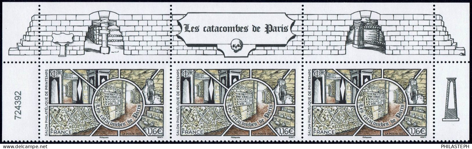 FRANCE 2023 -  LES CATACOMBES DE PARIS - Bande De 3 Haut De Feuille Avec Texte - Neuf ** - Unused Stamps