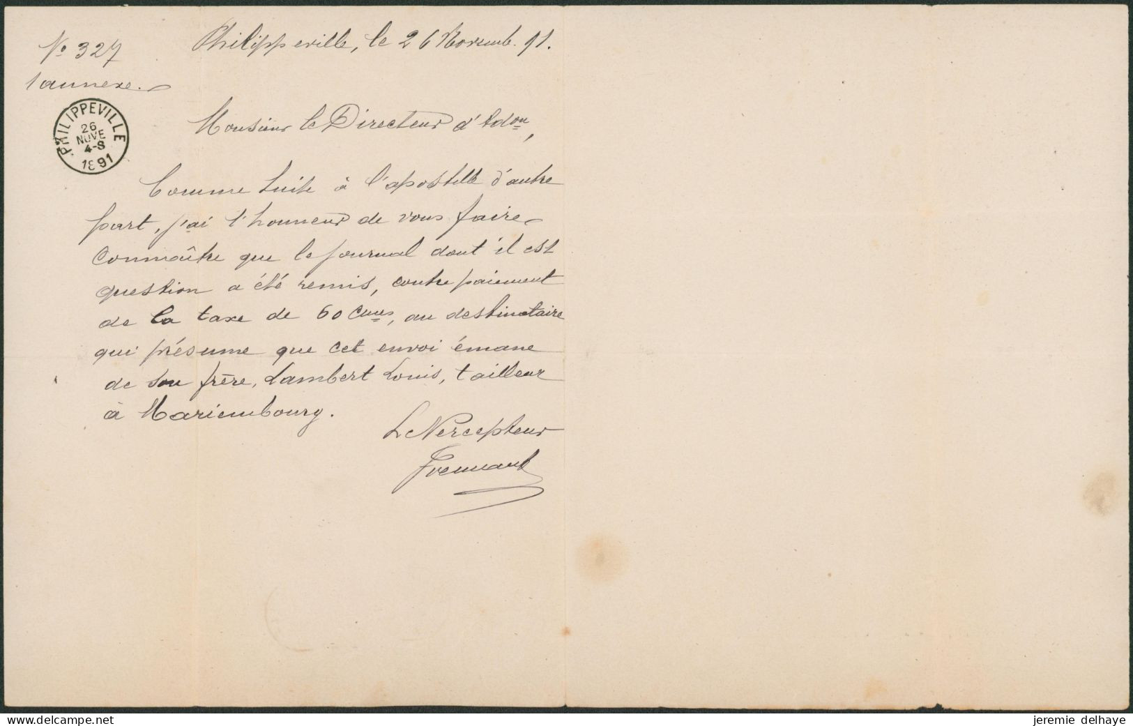 N°46 Et 50 Sur Manuscrit "Ministère Des Chemin De Fer, Poste Et Télégraphe" > Percepteur Des Postes à Philippeville. - 1884-1891 Leopold II