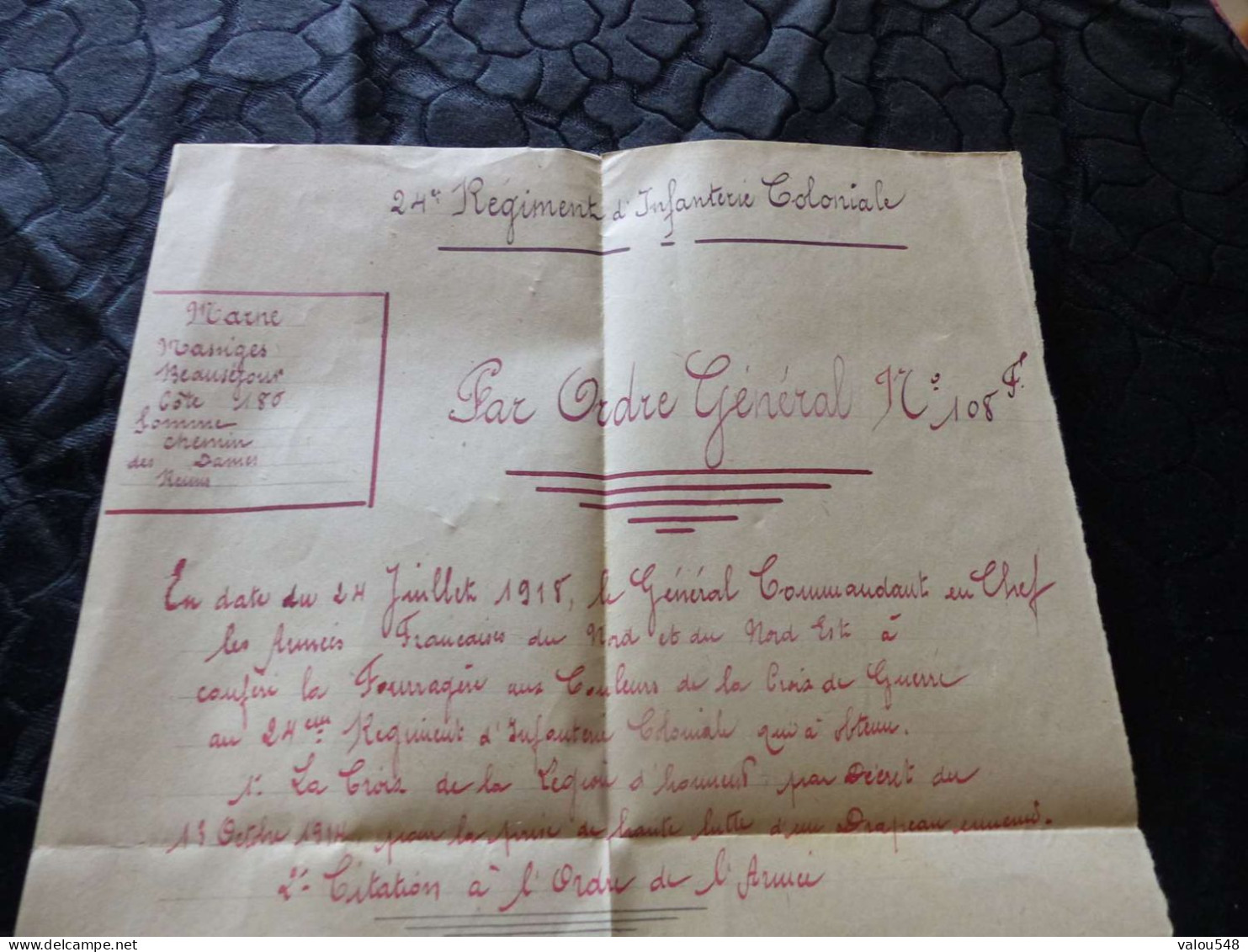 VP-82 , Militaria, Manuscrit 24e Régiment D'infanterie Coloniale, Ordre Général, Nomination Légion D'Honneur, 1918 - Documenten