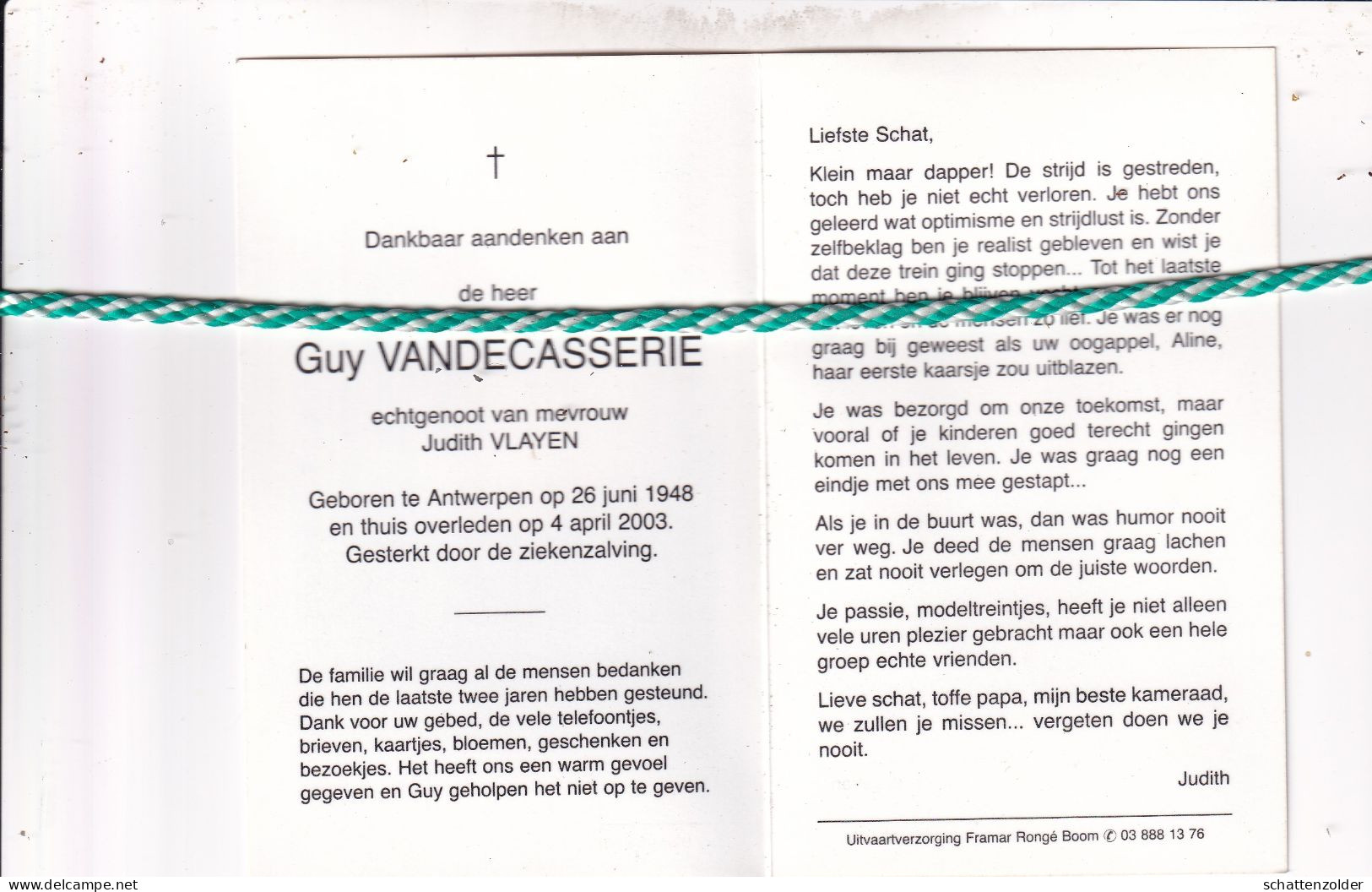 Guy Vandecassiere-Vlayen, Antwerpen 1948, 2003. Foto - Overlijden