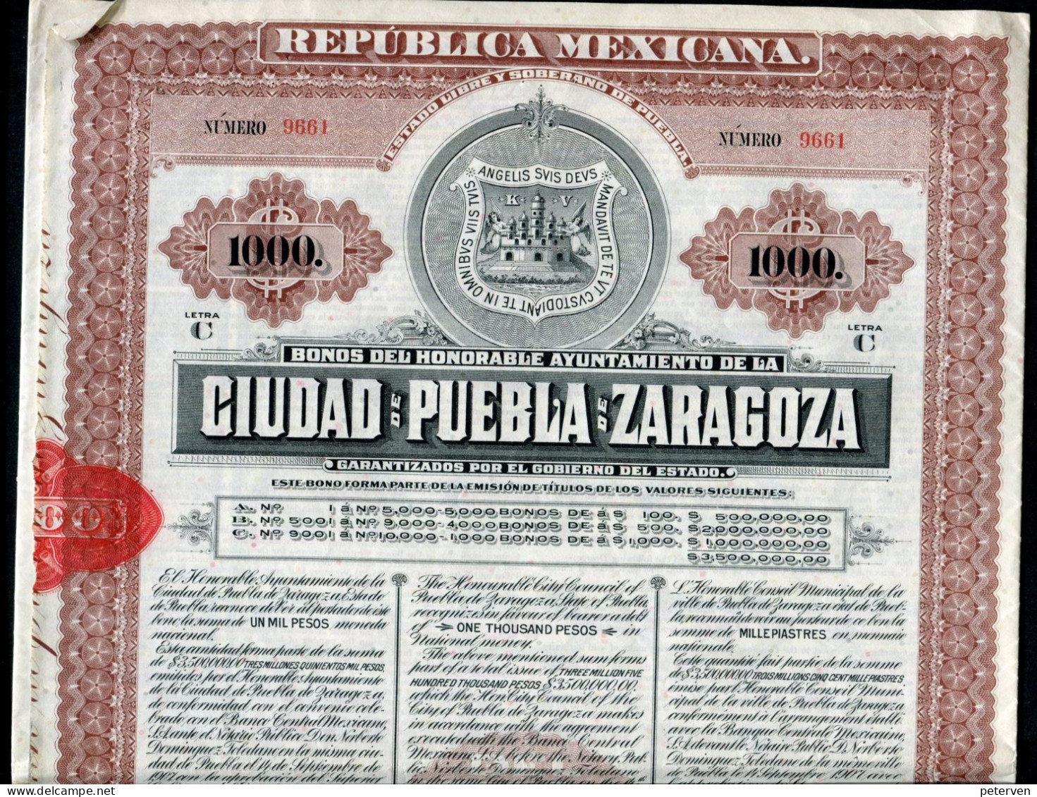 Rep. Mexicana; Bonos Del Honorable Ayuntamiento De La CIUDAD De PUEBLA De ZARAGOZA - Autres & Non Classés