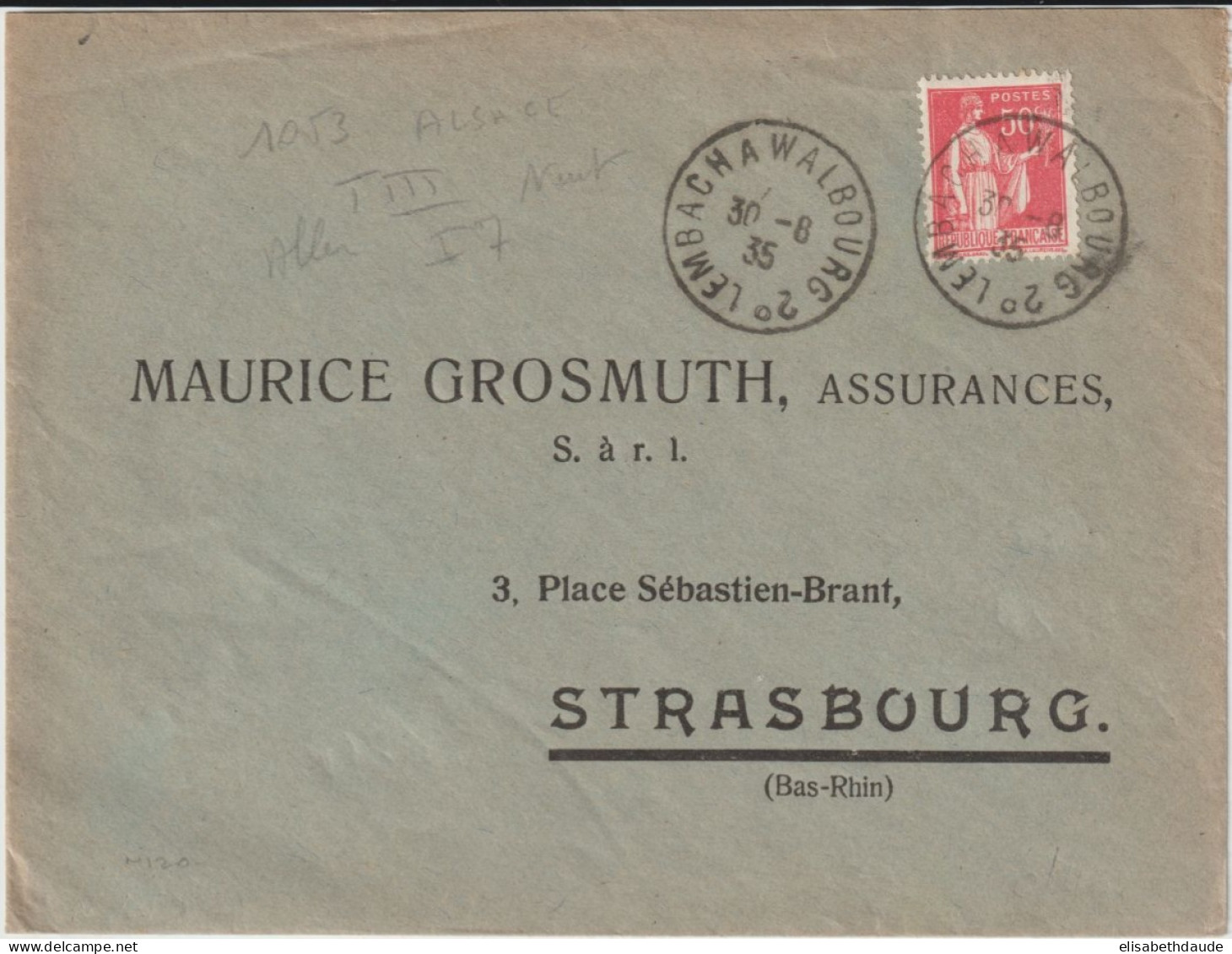 1935 - ALSACE - CACHET AMBULANT LEMBACH A  WALBOURG 2° (IND 7) SUP ! Sur ENVELOPPE => STRASBOURG - Bahnpost