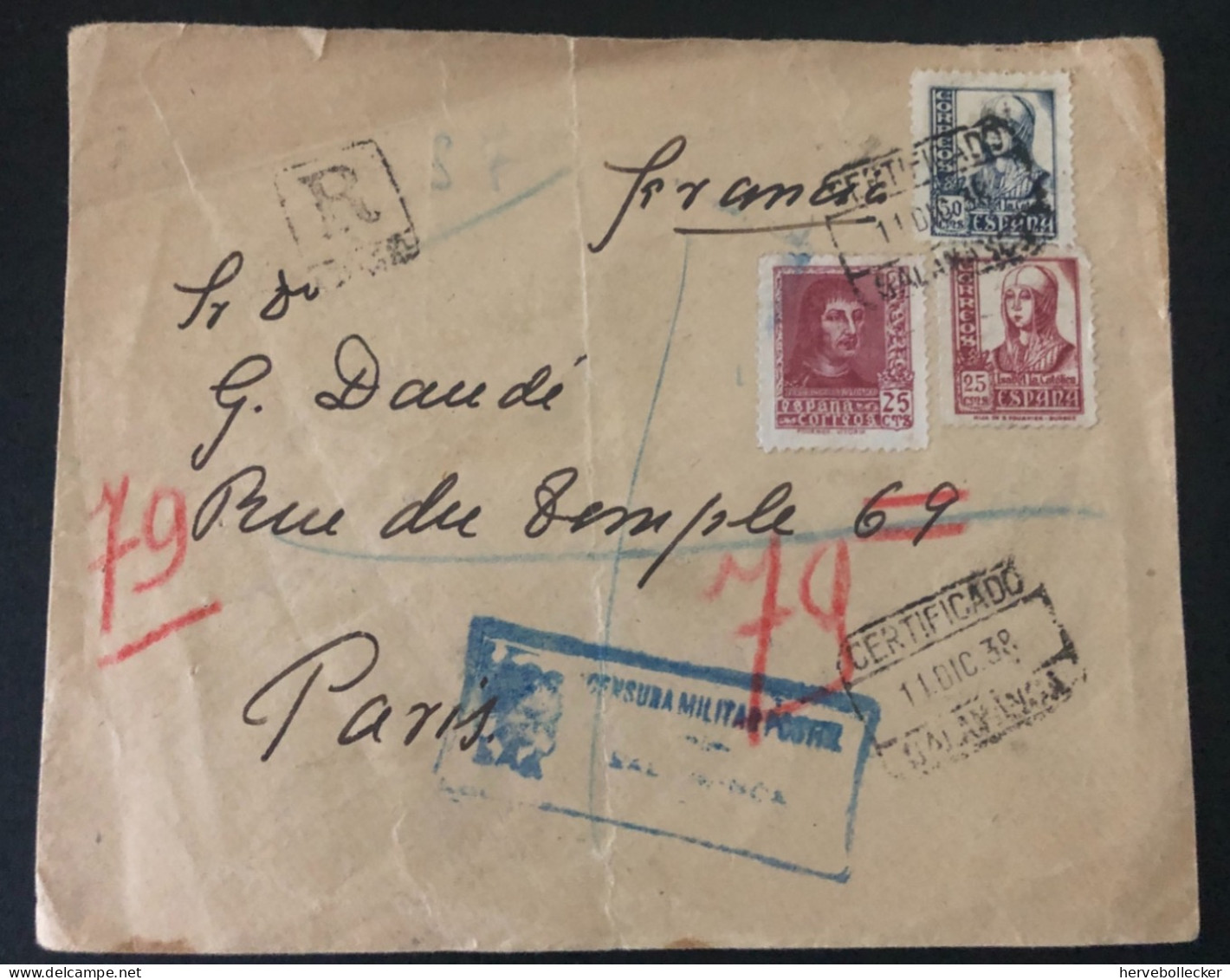 ESPAGNE - Enveloppe En Recommandé De Salamanca Pour Paris En 1938 Avec Cachet De Censure Militaire - Covers & Documents