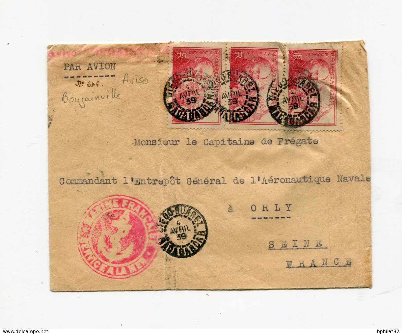 !!! MADAGASCAR, LETTRE DE L'AVISO BOUGAINVILLE DE 1939 POUR ORLY CACHET DE DIEGO SUAREZ - Covers & Documents