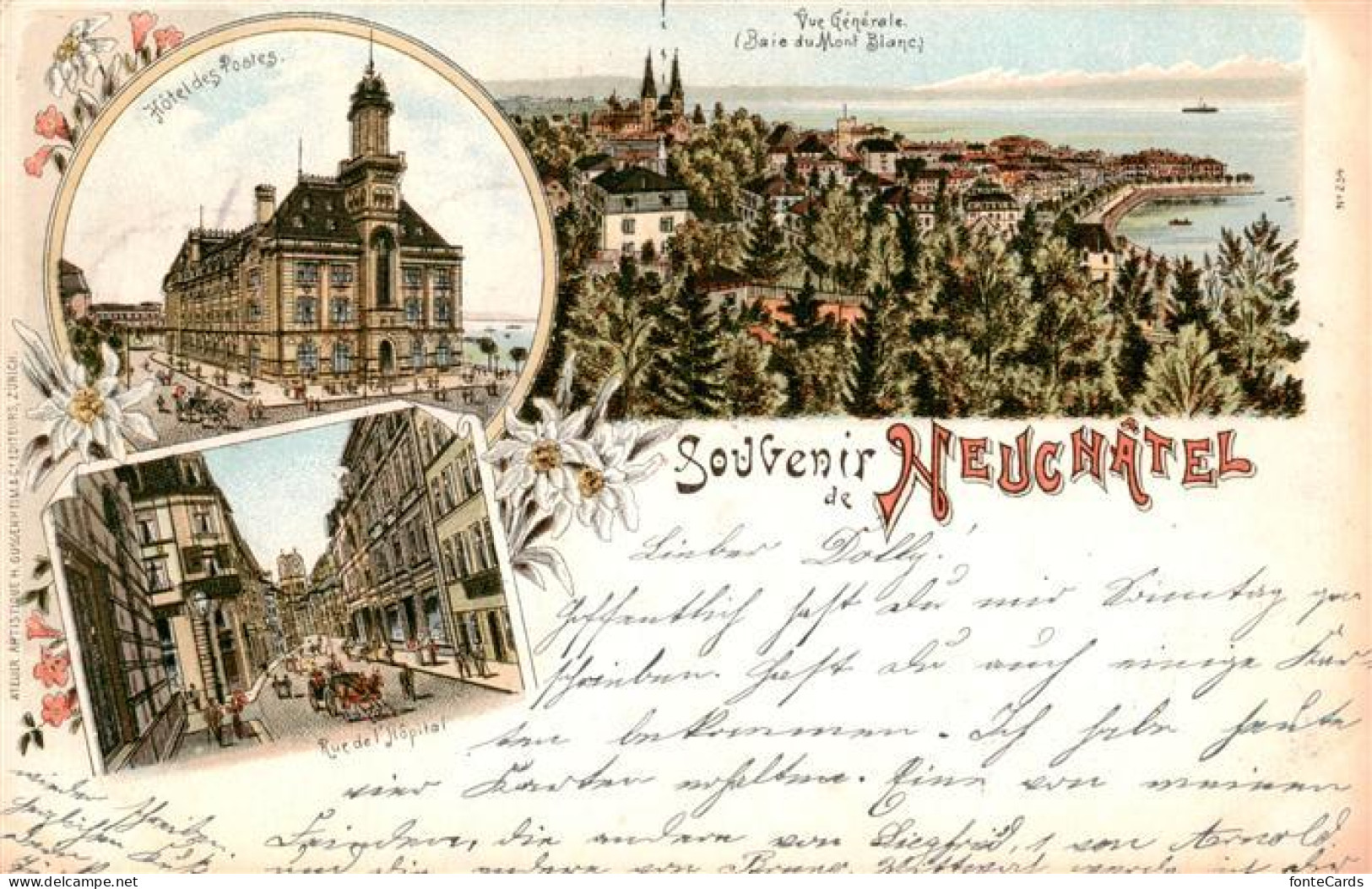 13863217 Neuchatel NE Vue Generale Hôtel Des Postes Rue De L Hôpital Litho Neuch - Autres & Non Classés