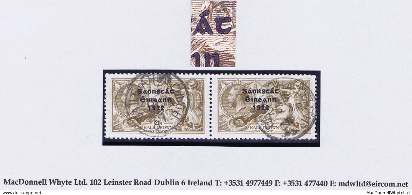 Ireland 1922-23 Thom Saorstát 3-line Overprint In Blue-black On 2/6d, Var "Accent Touching A", Fresh Used Pair - Oblitérés