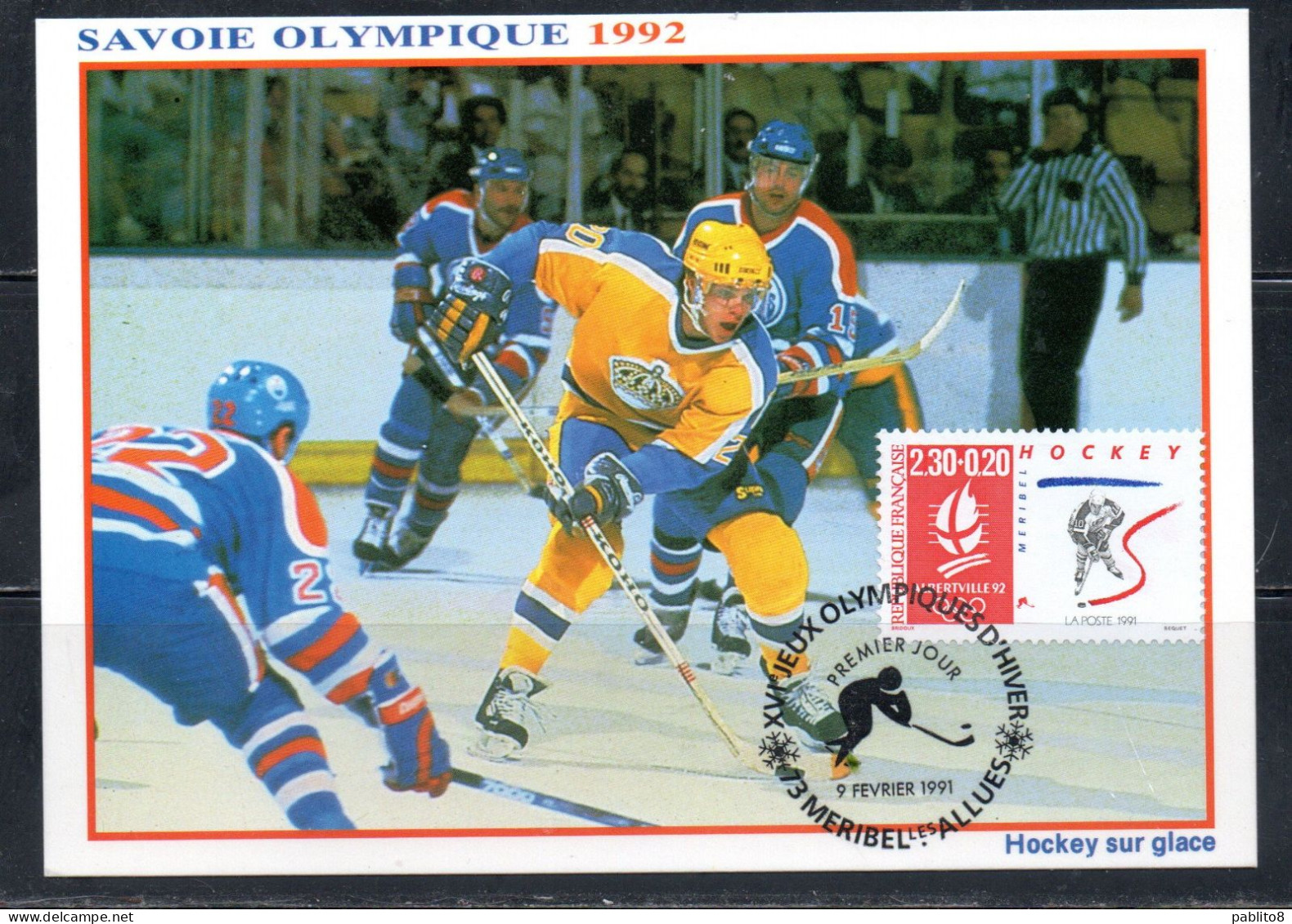 FRANCE FRANCIA 1991 OLYMPIC GAMES JEUX OLYMPIQUES ALBERTVILLE ICE HOCKEY SUR GLACE 2.30fr+20c MAXI MAXIMUM CARD CARTE - 1990-1999