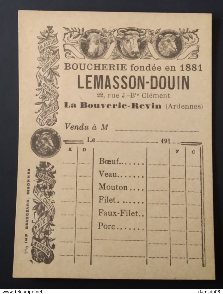 Facturette Boucherie LEMASSON - DOUIN REVIN Ardennes 08 Années 1910 Dimensions 93x 69mm - Lebensmittel