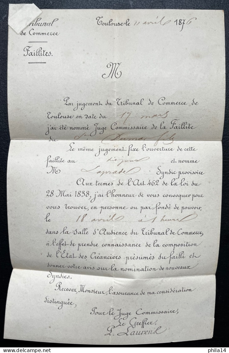 N°53 5c CERES SUR LETTRE DU TRIBUNAL DE COMMERCE / TOULOUSE POUR TOULOUSE / 11 AVRIL 1876 / LAC - 1849-1876: Klassik