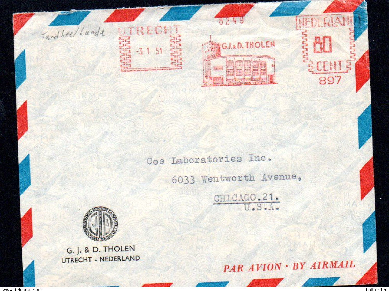 DENISTRY -  NETHERLANDS - 1951 - COVER UTRECHT TO CHICAGO  WITH THOLEN  SLOGAN CANCELLATION - Geneeskunde