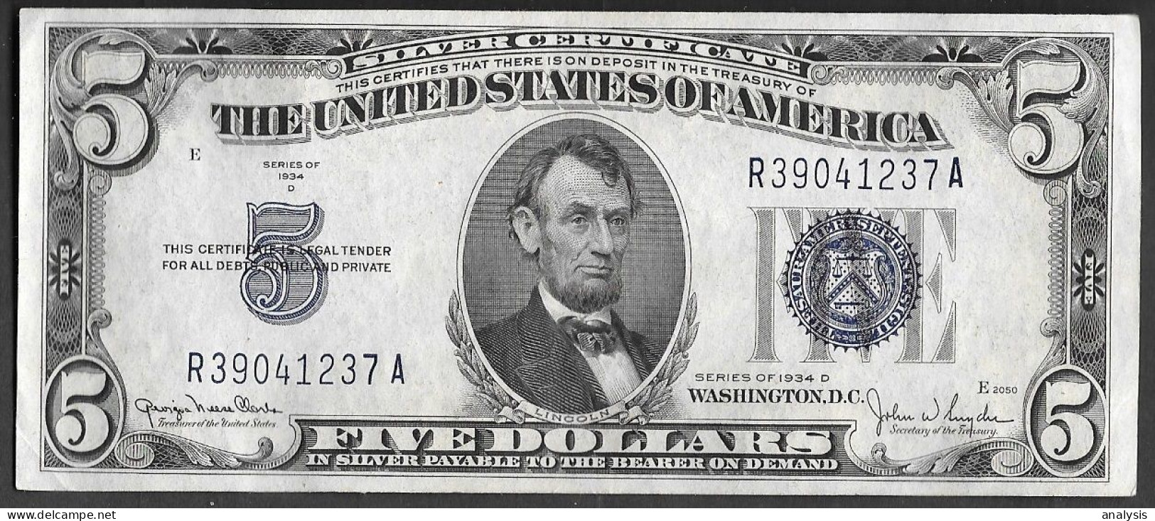 USA 5 Dollar Banknote Series Of 1934 D Silver Certificate. Abraham Lincoln. Very Good - Certificaten Van Zilver (1928-1957)