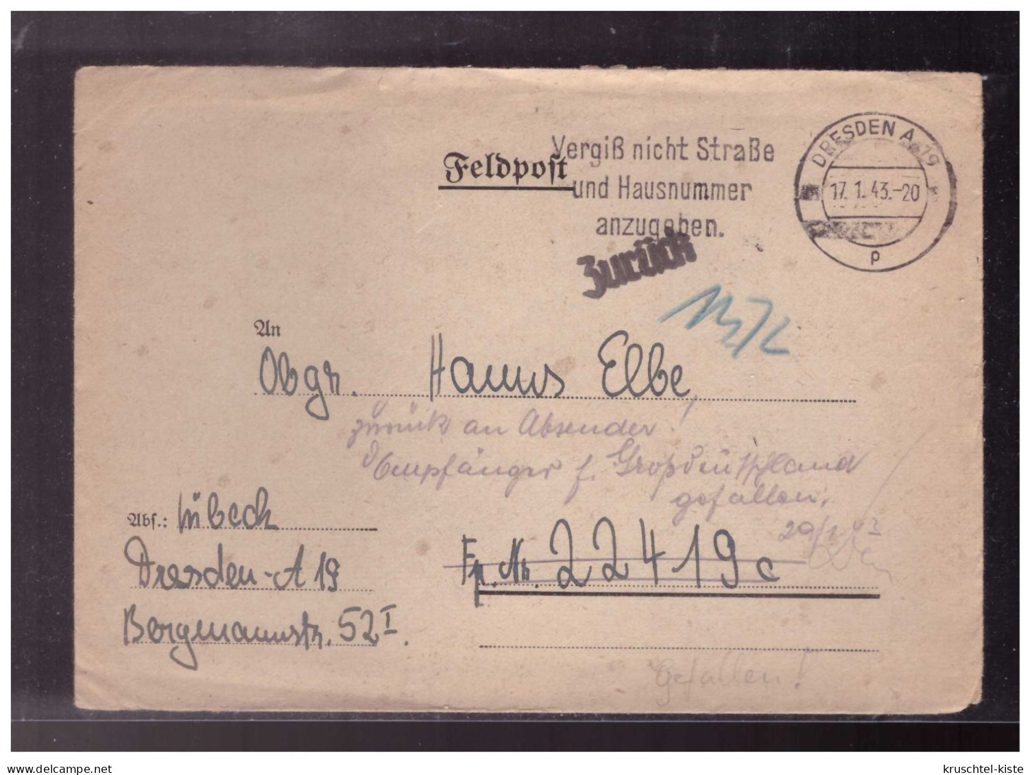 DT- Reich (024182) Brief Feldpost Gelaufen Dresden 14.143 Mit HS Vermerk Empfänger F. Großdeutschland Gefallen - Feldpost 2e Guerre Mondiale