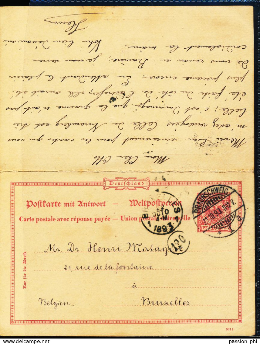 GERMANY BELGIUM ROUND TRIP ANSWER BRAUNSCHWEIG 21.10.93 BRUSSEL REPLY BRUXELLES 1896 TO MUNCHEN - Autres & Non Classés