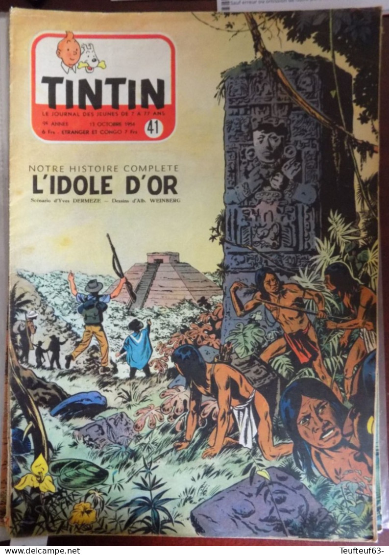Tintin N° 41:1954 Weinberg " L'idole D'or " - Tintin