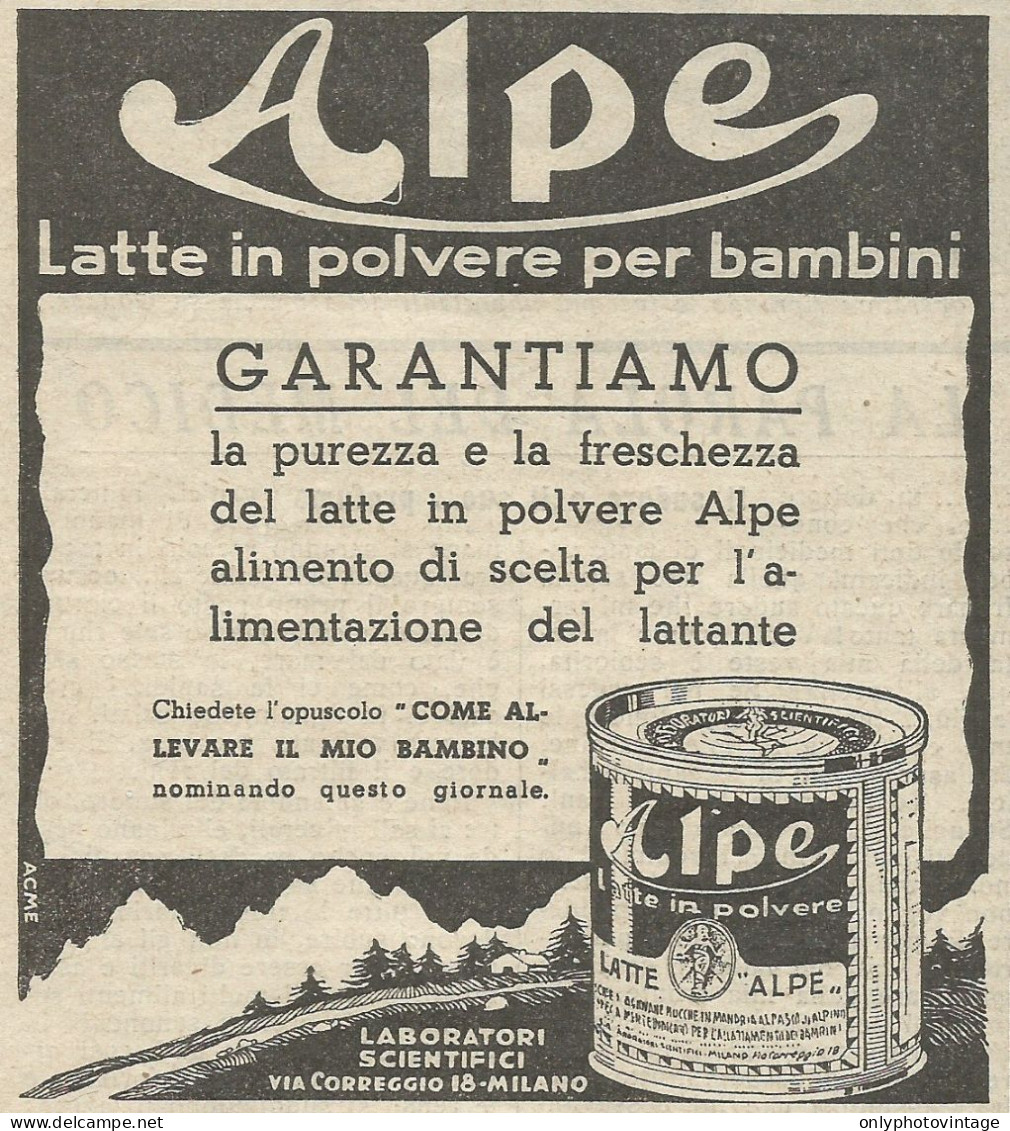 ALPE - Latte In Polvere Per Bambini - Pubblicità 1936 - Advertising - Advertising