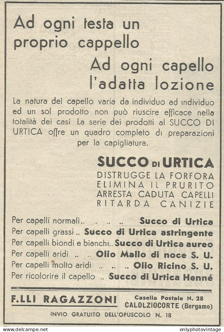 Succo Di Urtica - Distrugge La Forfora - Pubblicità 1936 - Advertising - Advertising