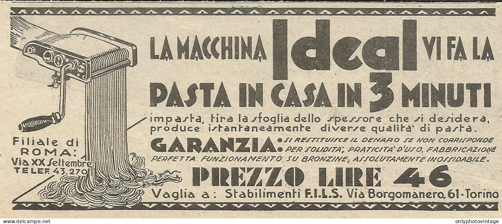 IDEAL Vi Fa La Pasta In Tre Minuti - Pubblicità 1932 - Advertising - Advertising