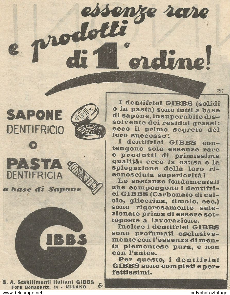 Pasta Dentifricia GIBBS - Pubblicità 1930 - Advertising - Advertising