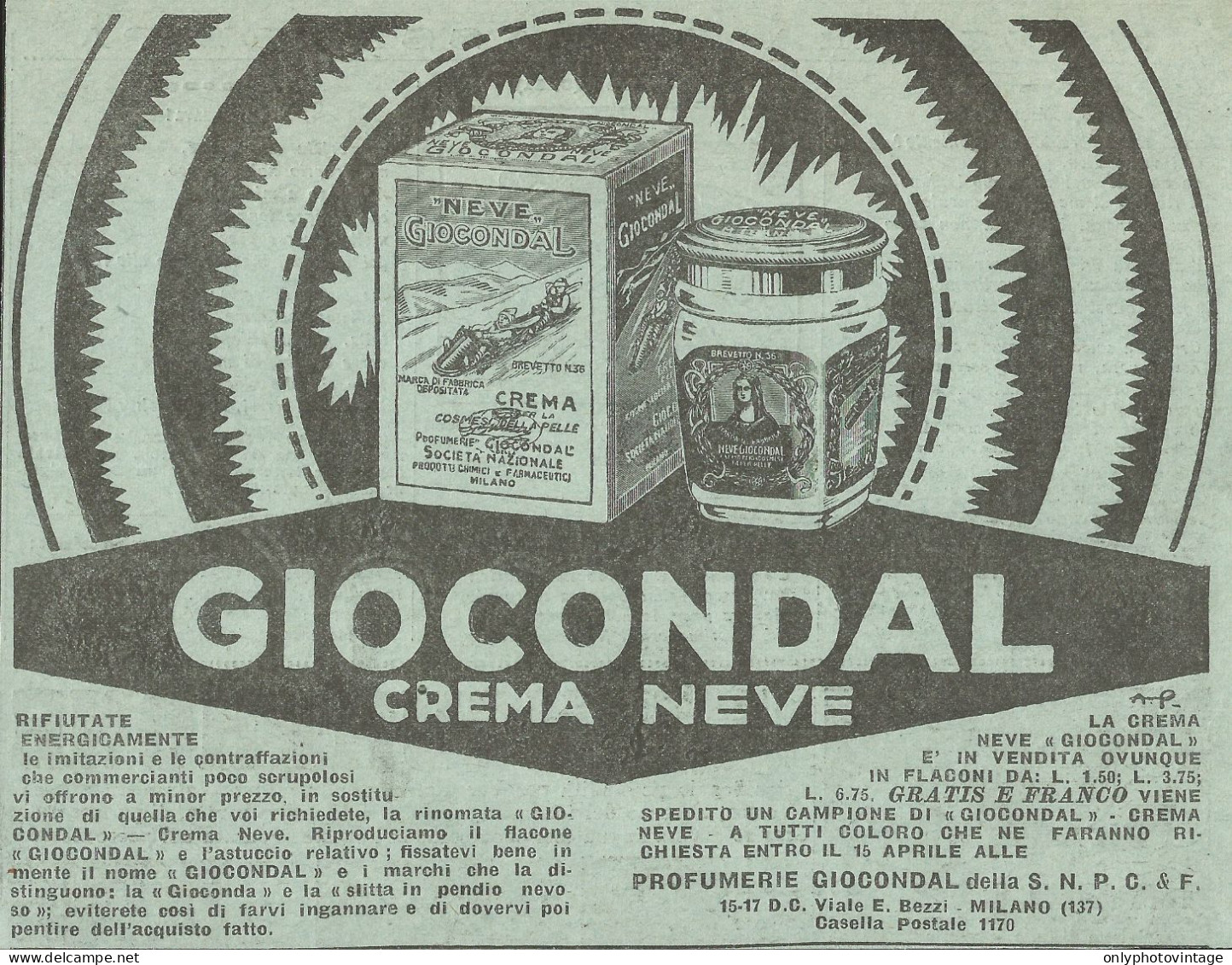 Crema Neve GIOCONDAL - Pubblicità 1930 - Advertising - Advertising