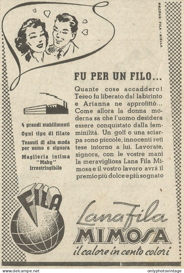 Lana Fila Mimosa - Pubblicità 1949 - Advertising - Advertising