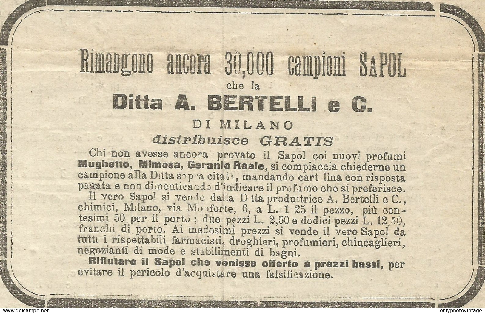 Sapol BERTELLI - Pubblicità 1892 - Advertising - Pubblicitari