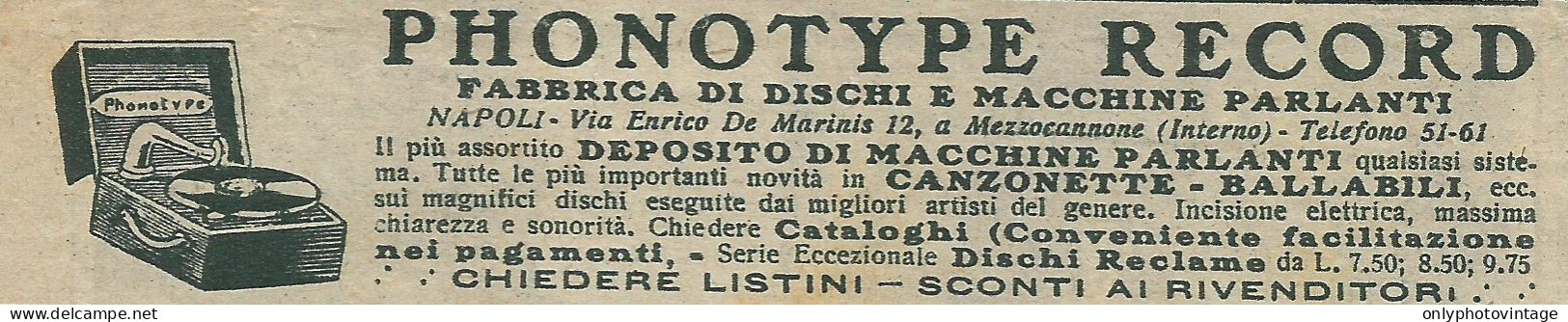 Phonotype Record - Pubblicità 1929 - Advertising - Pubblicitari