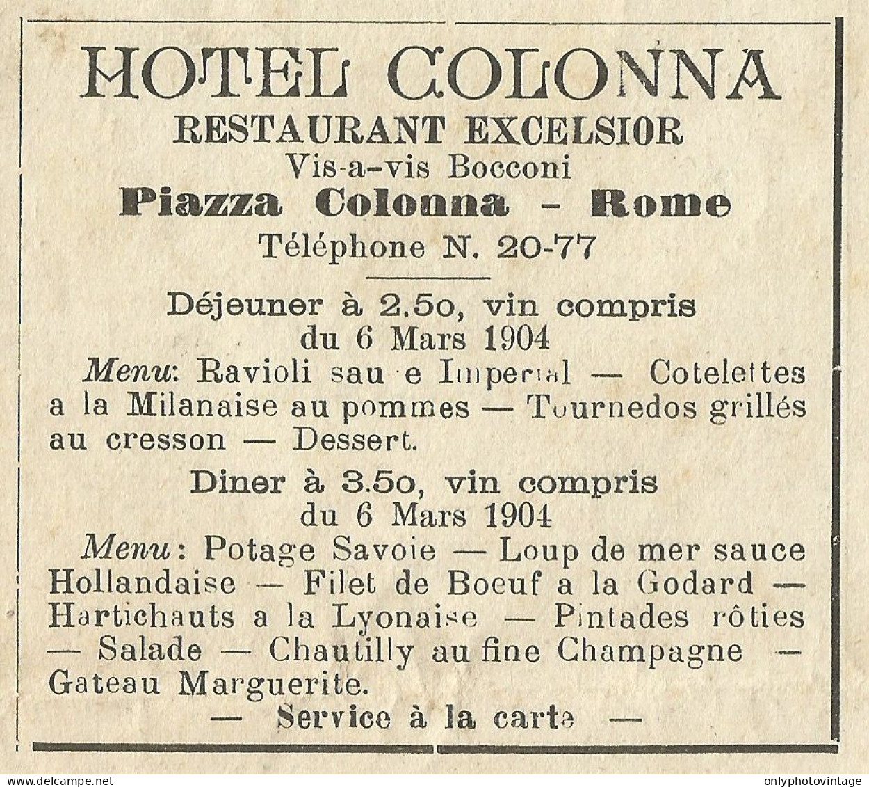 Hotel Colonna - Roma - Pubblicità 1904 - Advertising - Pubblicitari