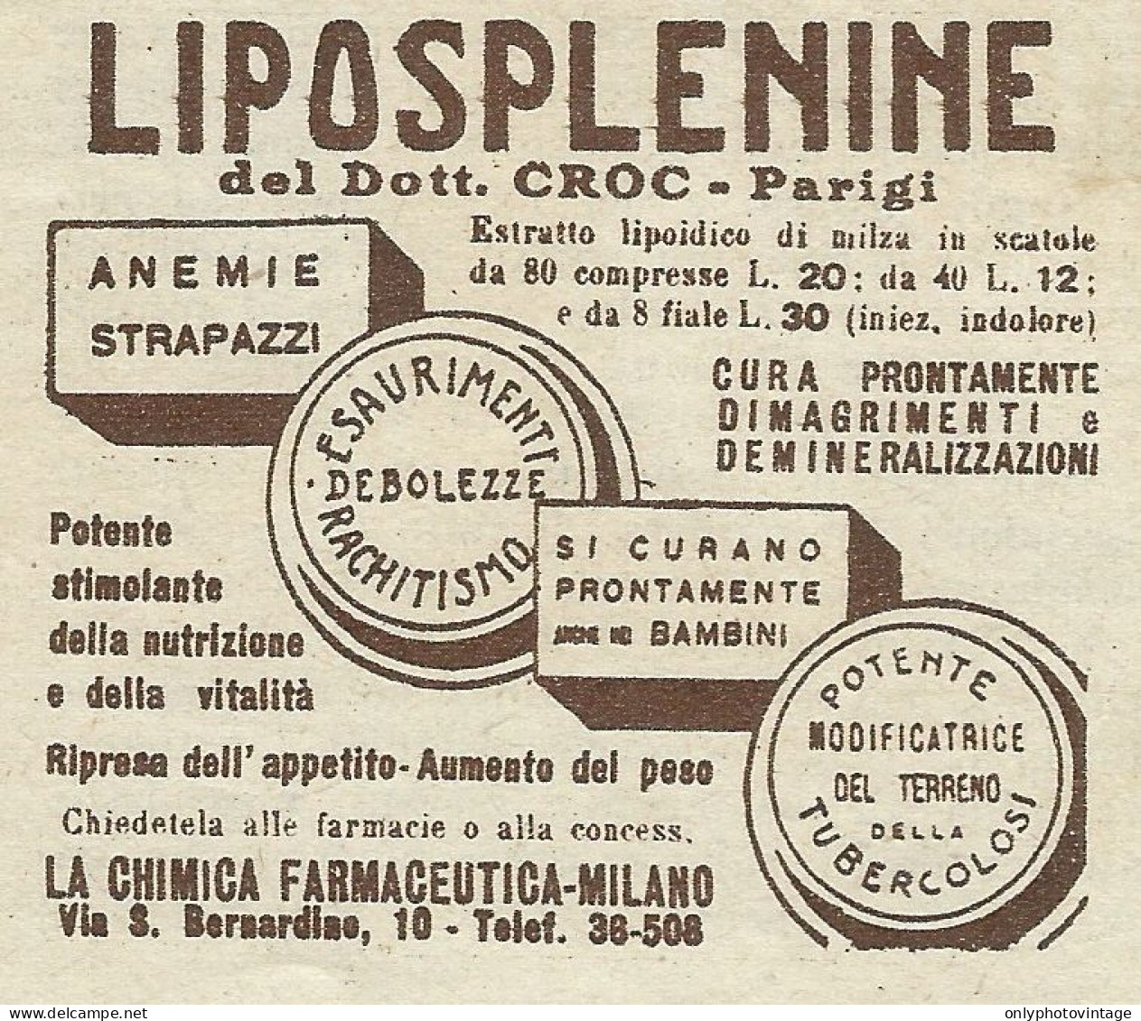 LIPOSPLENINE Del Dott. Croc - Pubblicità 1929 - Advertising - Advertising