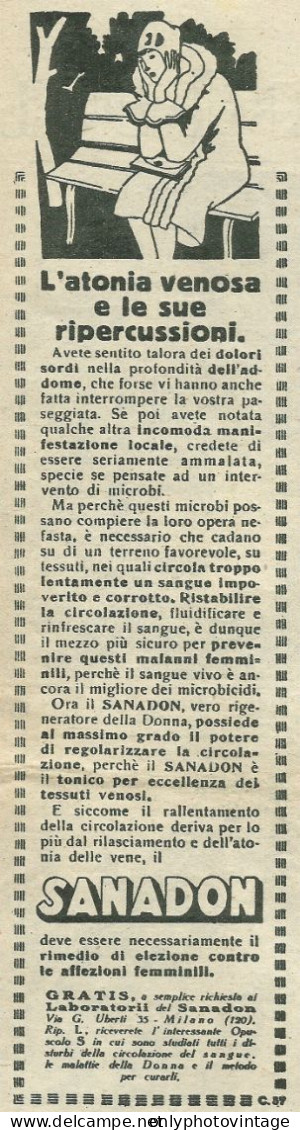 Sanadol Contro Le Affezioni Femminili - Pubblicità 1929 - Advertising - Advertising