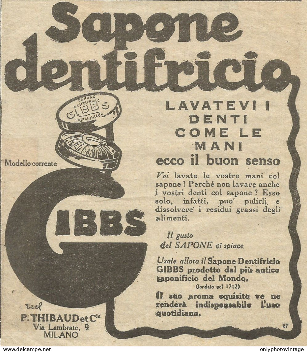 Sapone Dentifricio GIBBS - Pubblicità 1928 - Advertising - Publicités