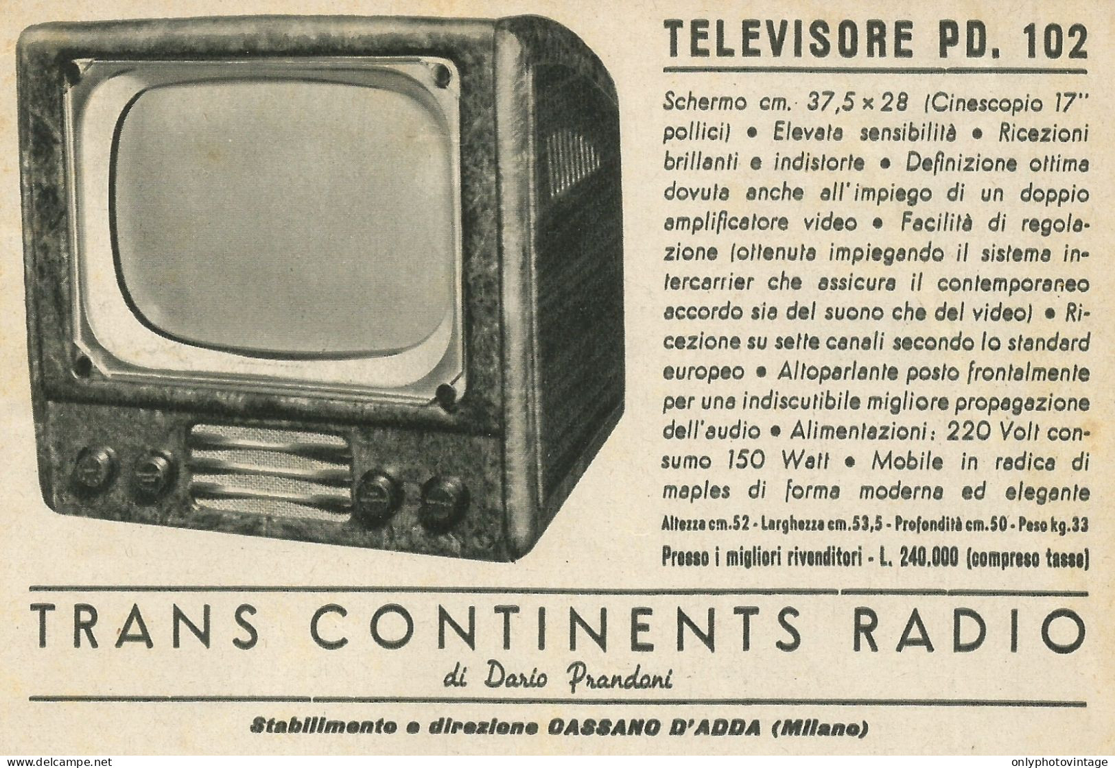 Televisore Trans Continents Radio - Pubblicità 1953 - Advertising - Publicités