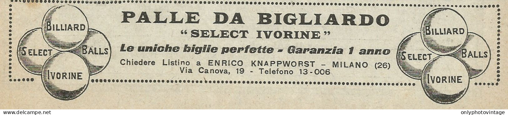 Palle Da Bigliardo Select Ivorine - Pubblicità 1925 - Advertising - Publicités