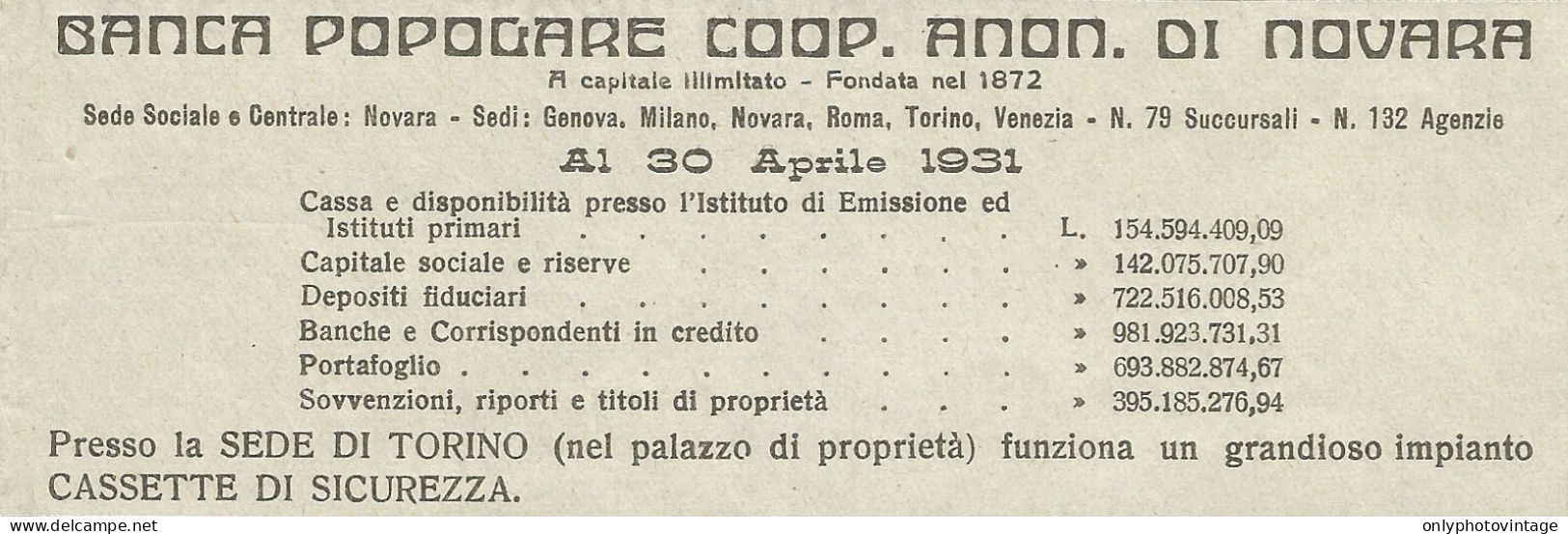 Banca Popolare Coop. Anon. Di Novara - Torino - Pubblicità 1934 - Advert. - Advertising