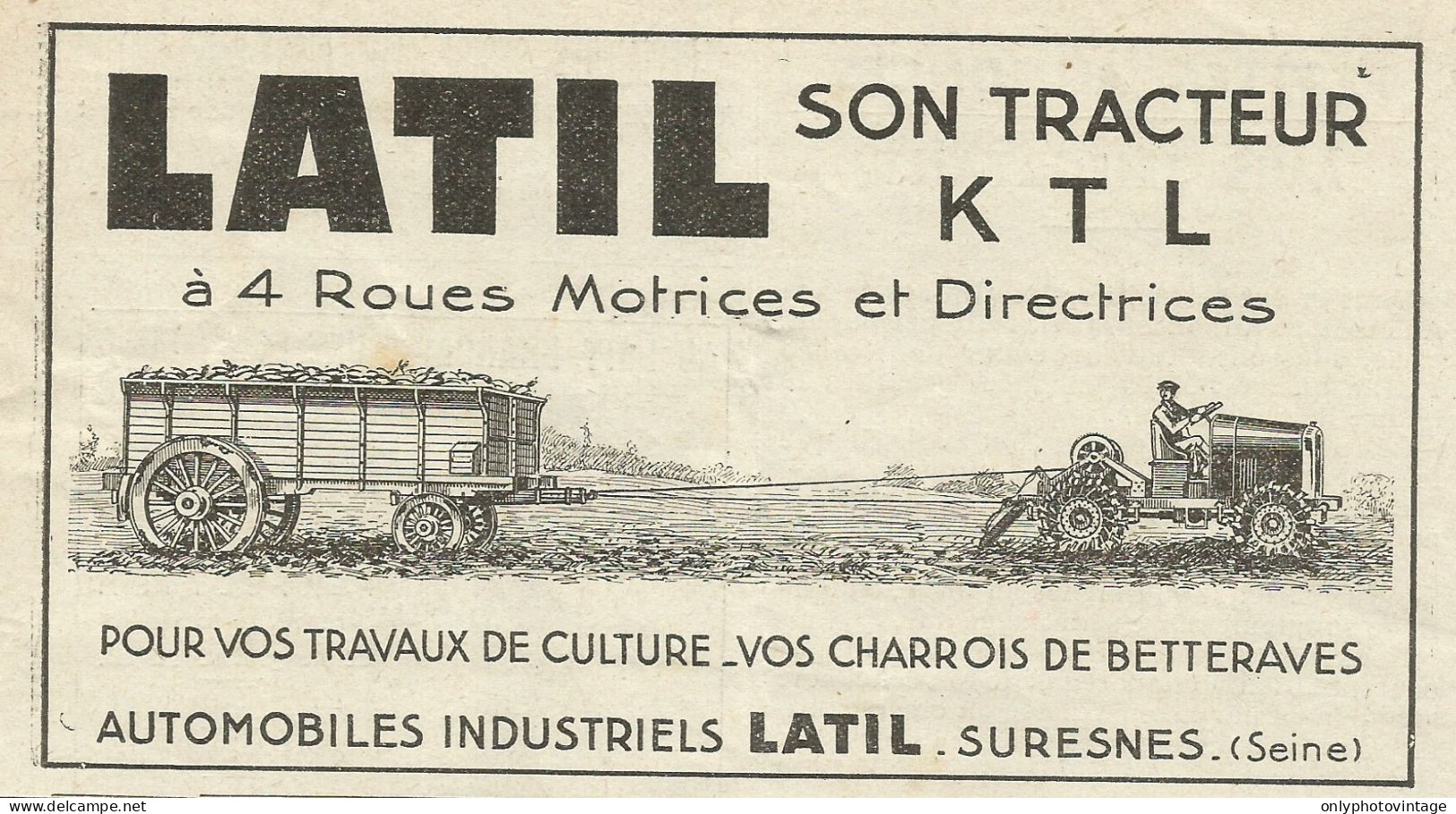 LATIL Son Tracteur KTL à 4 Roues Motrices - Pubblicità 1934 - Advertising - Publicités