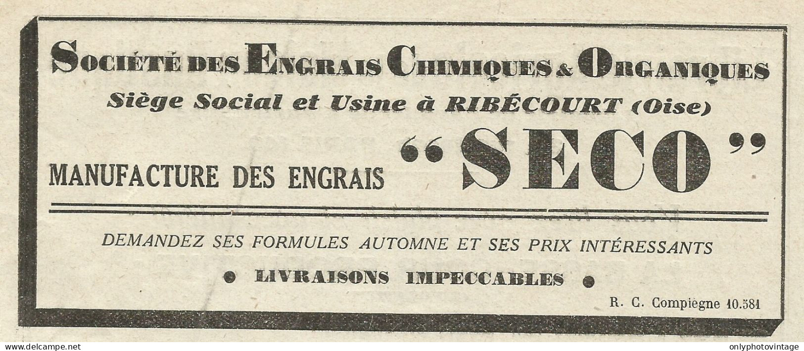 Manufacture Des Engrais SECO - Ribècourt - Pubblicità 1934 - Advertising - Advertising