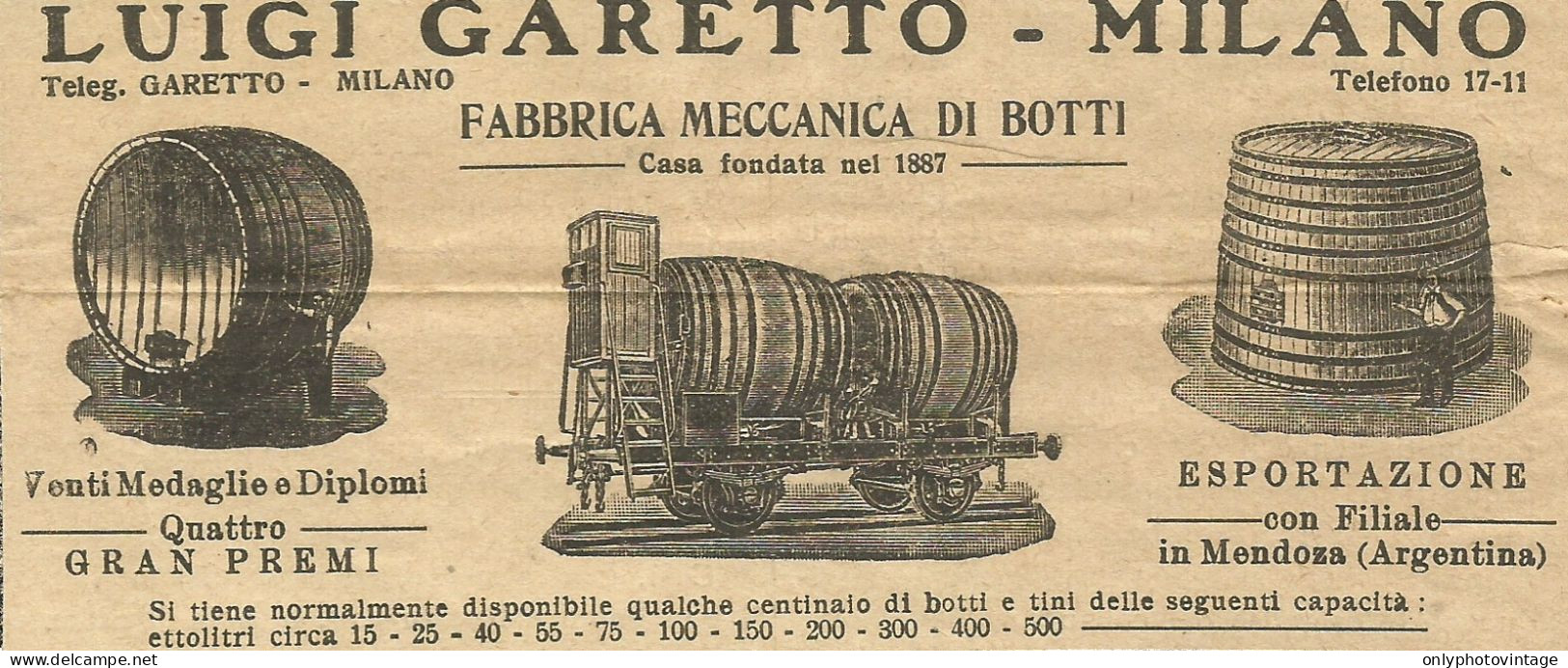 Fabbrica Di Botti Luigi Garetto - Milano - Pubblicità 1934 - Advertising - Advertising