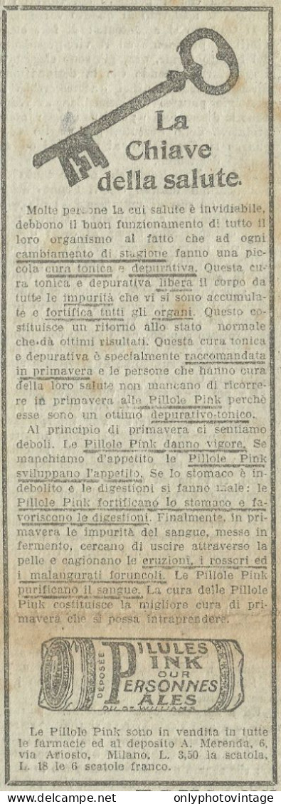 Pillole PINK - La Chiave Della Salute - Pubblicità 1916 - Advertising - Advertising